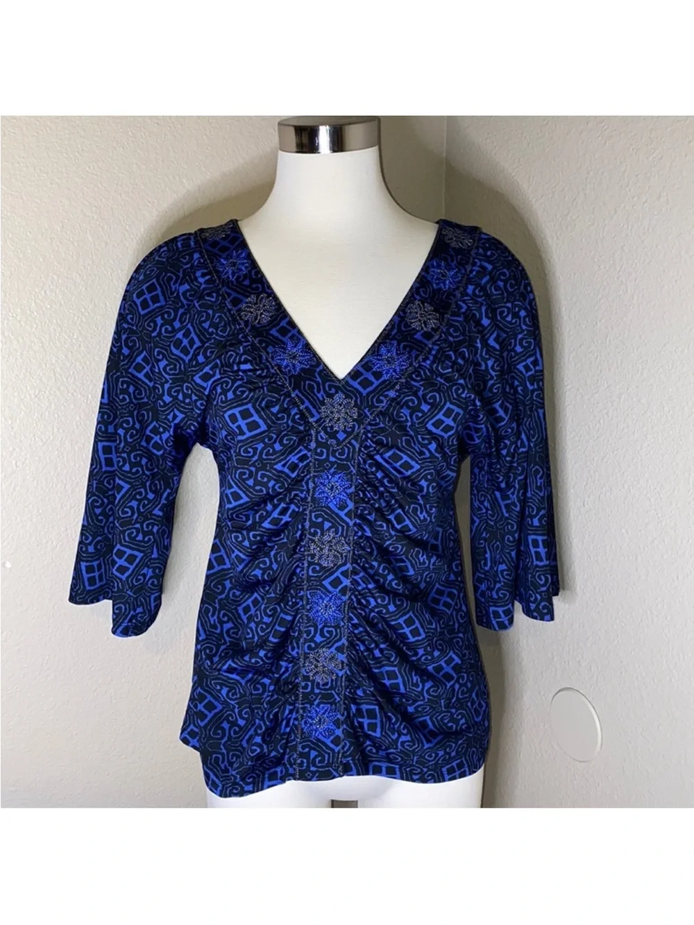 Women's Blue V-Neck Ruched Top with Embellished Buttons